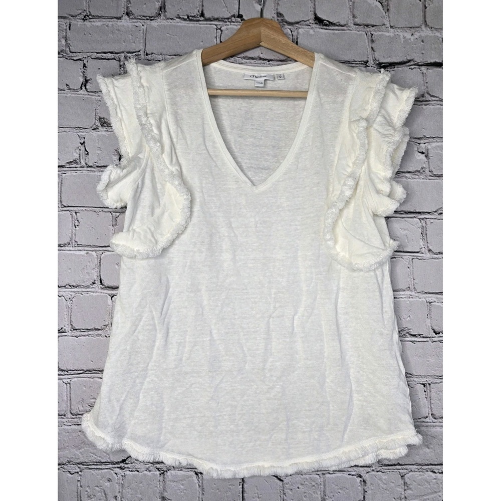 Chicos White Linen Tassel Ruffle Sleeve Accent V-Neck Blouse Tshirt‎ Size Medium